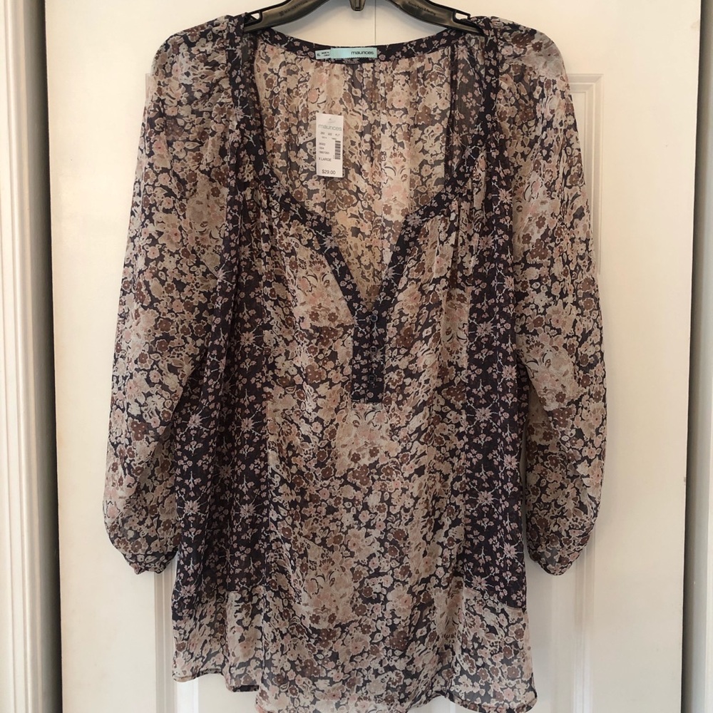 Sheer Floral Top with Elastic Sleeves